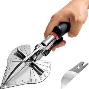 Miter Shears – 45°–135° adjustable multi-angle trimming shears with safety lock; suitable for cutting soft wood, plastic, rubber strips, and PVC trim; perfect for miter cuts and quarter-round cuts; includes replacement blades.